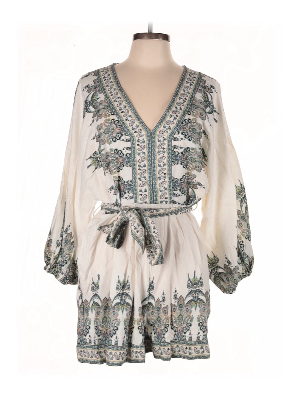 VENUS Boho Linen Blend Paisley Balloon Sleeve Tie-Waist Romper Size 12